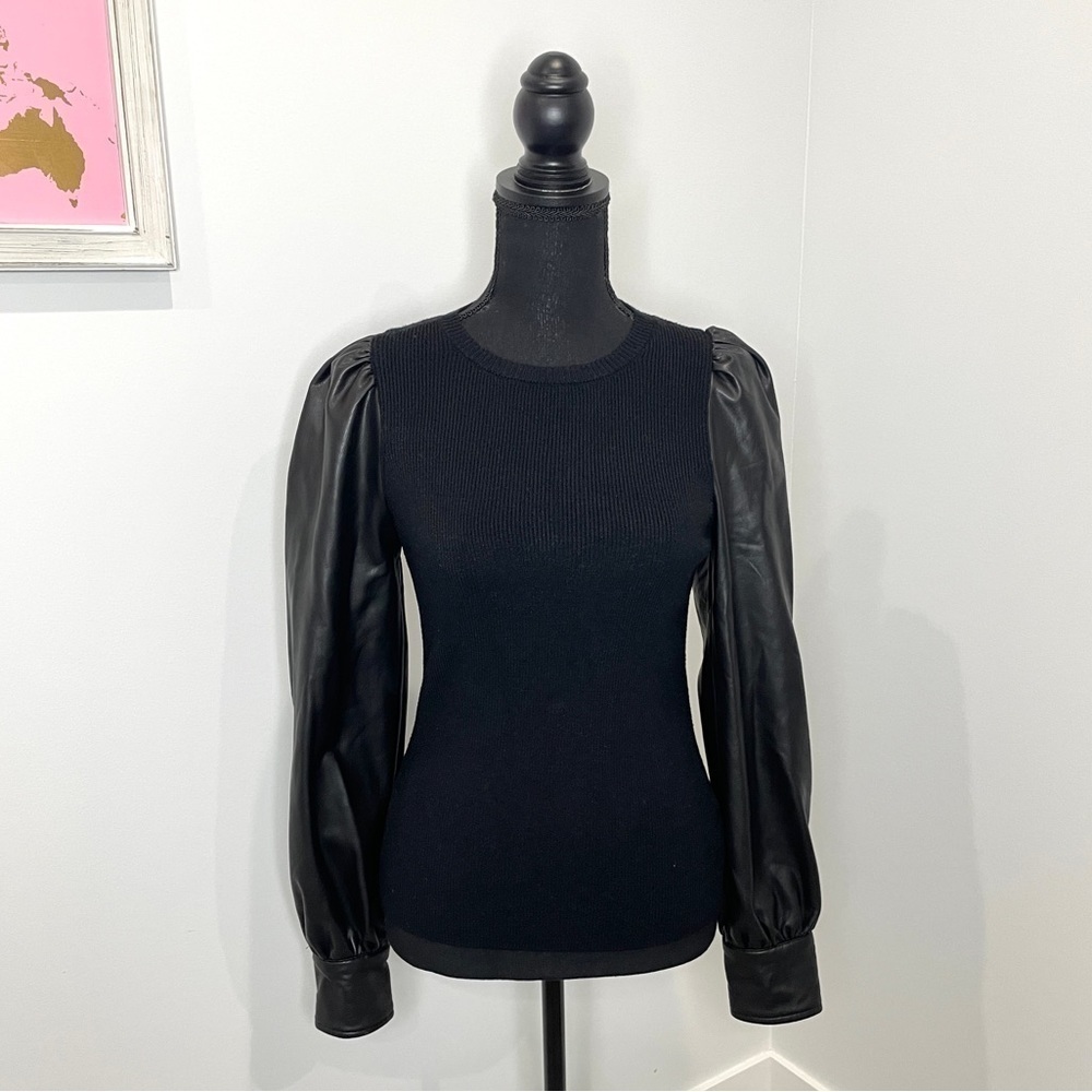 Express Black Faux Leather Puff Sleeves Ribbed Sweater